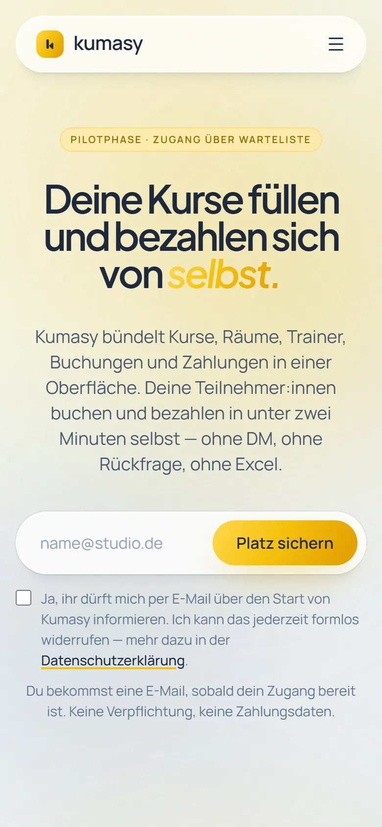Startseite von Kumasy auf dem Smartphone
